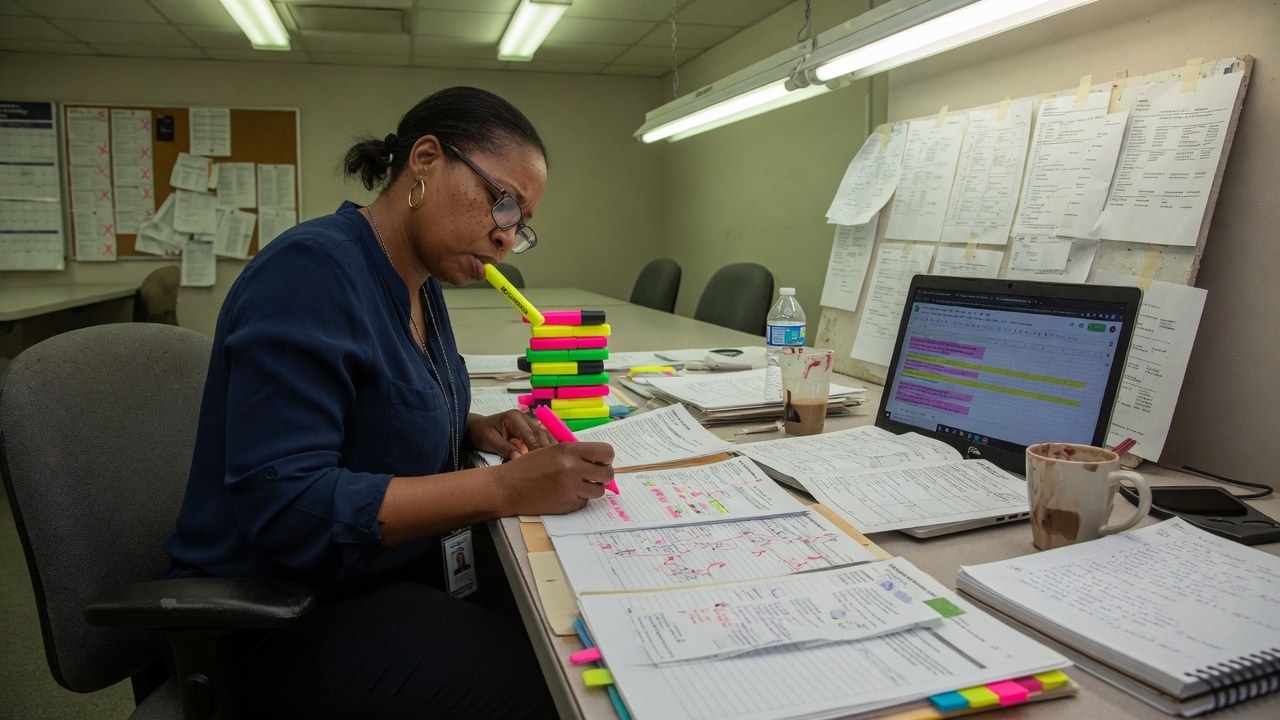 A compliance auditor reconstructing a trail with a stack of highlighters, marked-up printouts and a laptop at a long table.