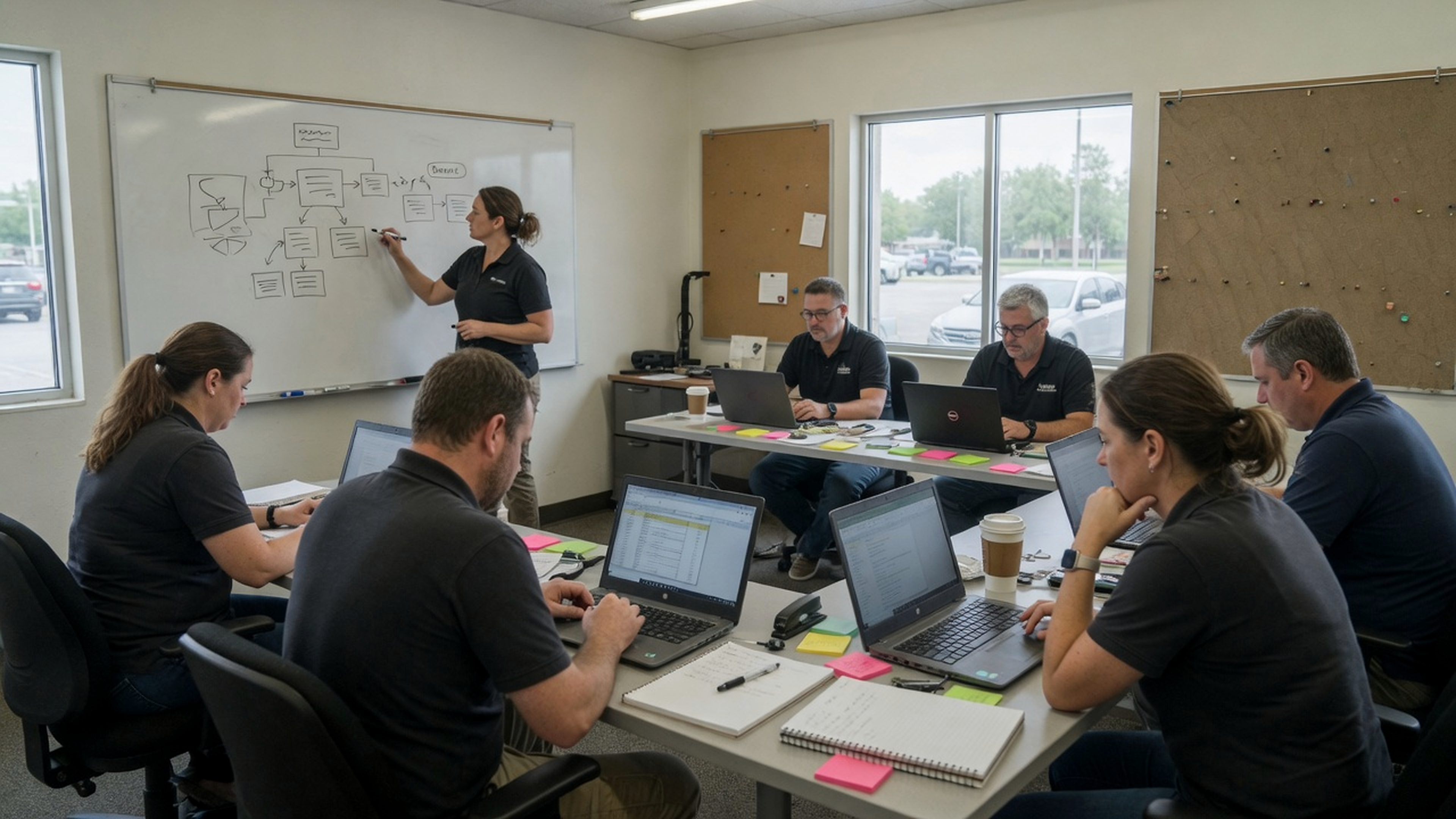 Operators working laptops in a training room while a flow is drawn on the whiteboard