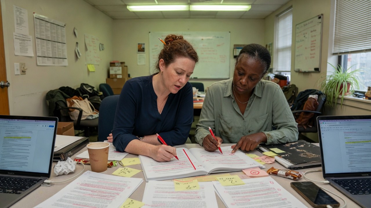 Two people redlining a printed contract with red pens across a cluttered table, laptops open on either side.