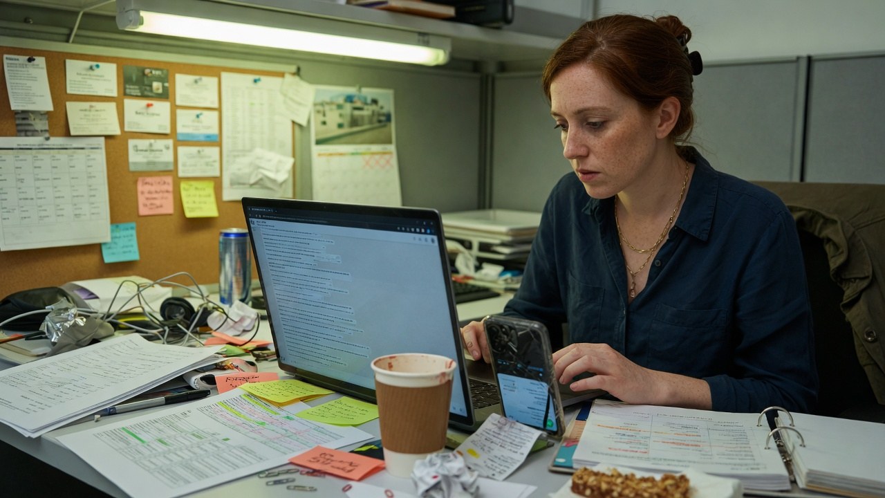 A rep reading a long thread on a laptop at a cluttered desk, phone propped beside the keyboard, corkboard of cards behind.