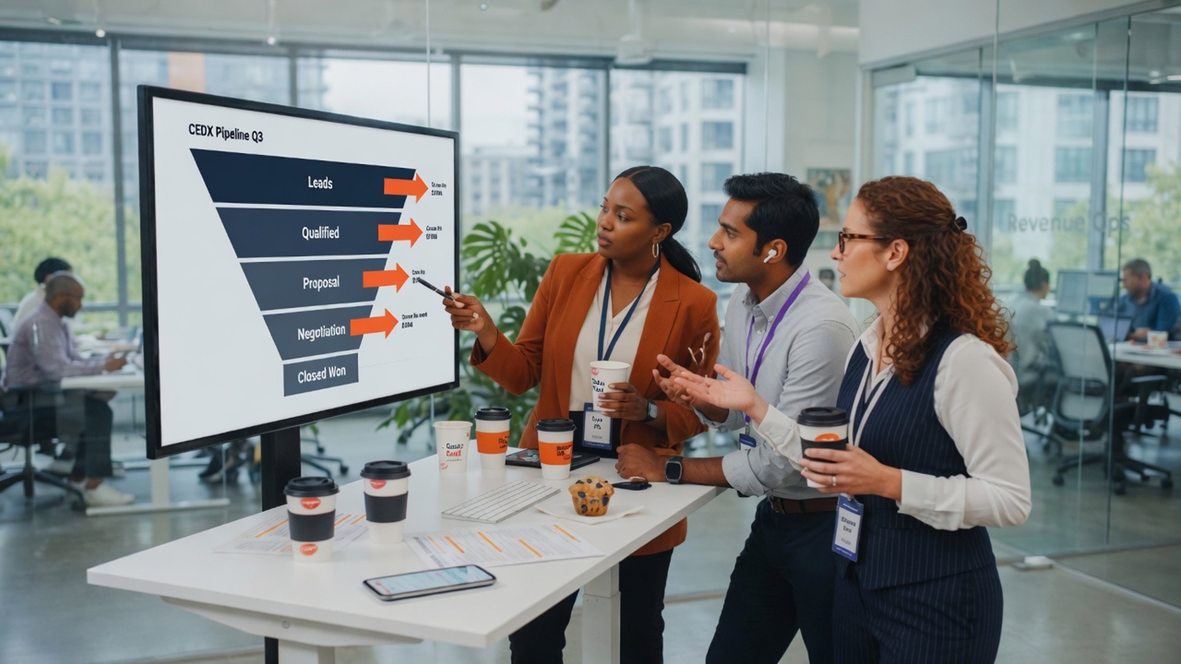 Sales team reviewing pipeline on a shared screen