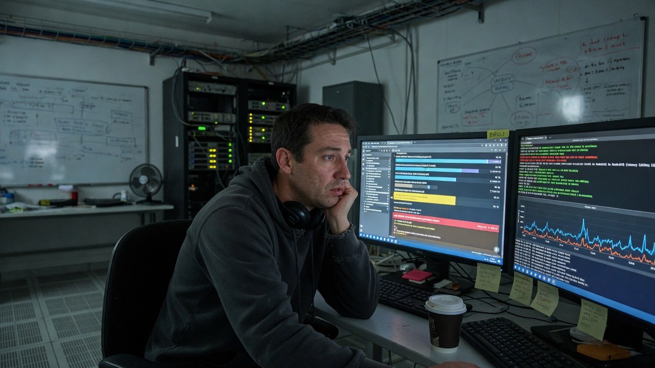 A data engineer in a dim equipment room watching ETL job progress and streaming metrics across two monitors, a server rack's status lights behind him.