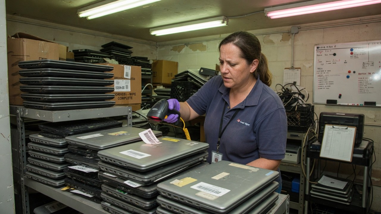 An IT asset manager scanning barcode tags on a stack of retired laptops — the physical inventory the register reconciles against.