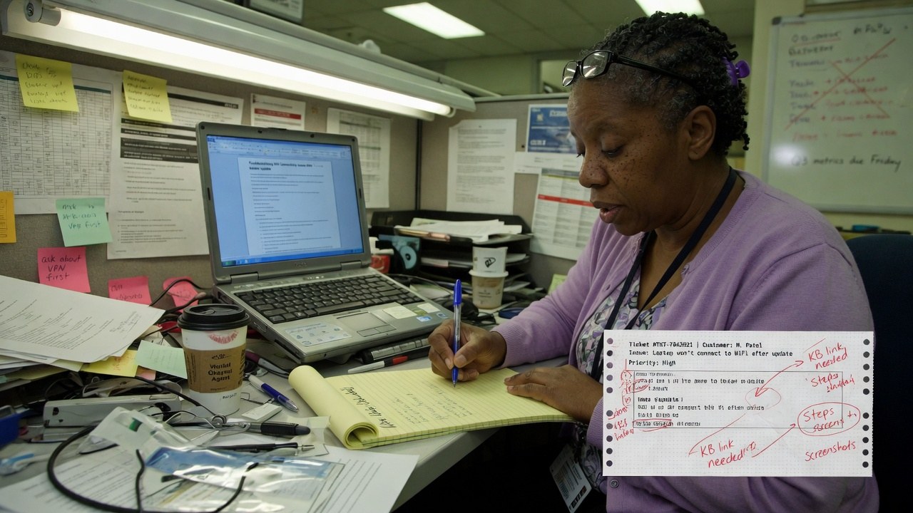 A senior support agent handwriting a knowledge article on a notepad beside a laptop, ticket printout at her elbow.