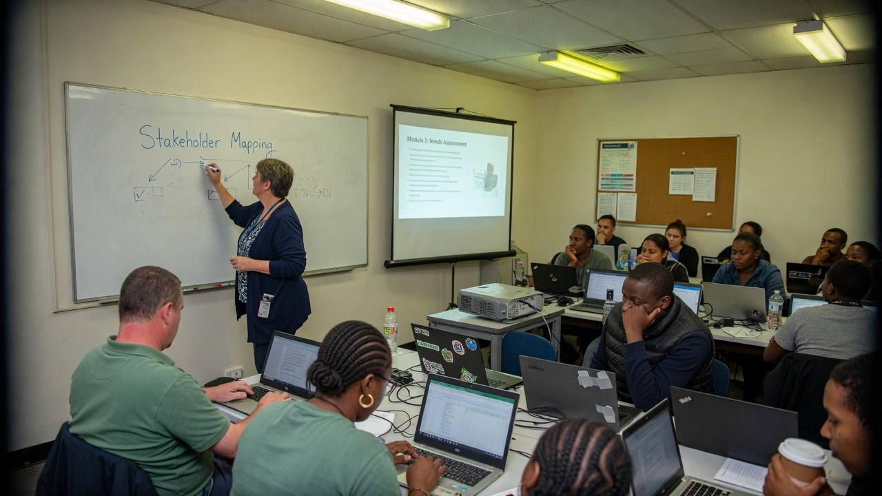 Instructor running a training room of practitioners on laptops