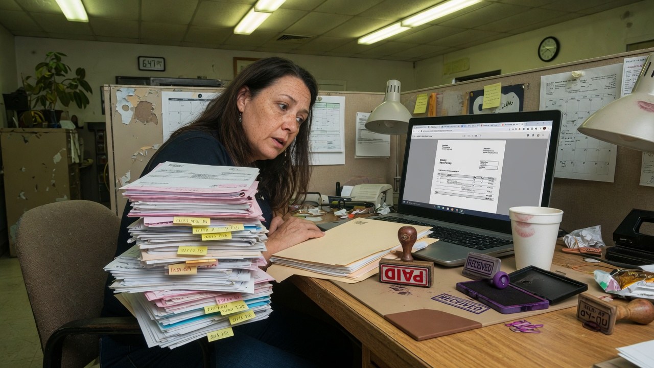 A buyer at a paper-covered desk with a tall stack of tabbed invoice folders, PAID and RECEIVED rubber stamps, and a purchase order on the laptop.