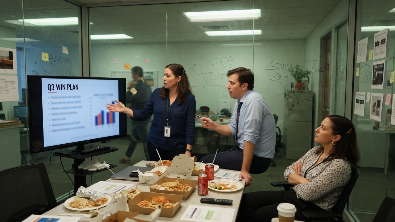Sales team working a quarter plan on a meeting room screen