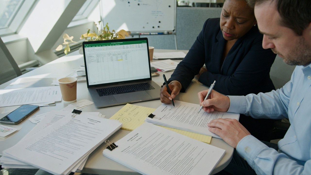 Two people marking up a statement of work beside a laptop
