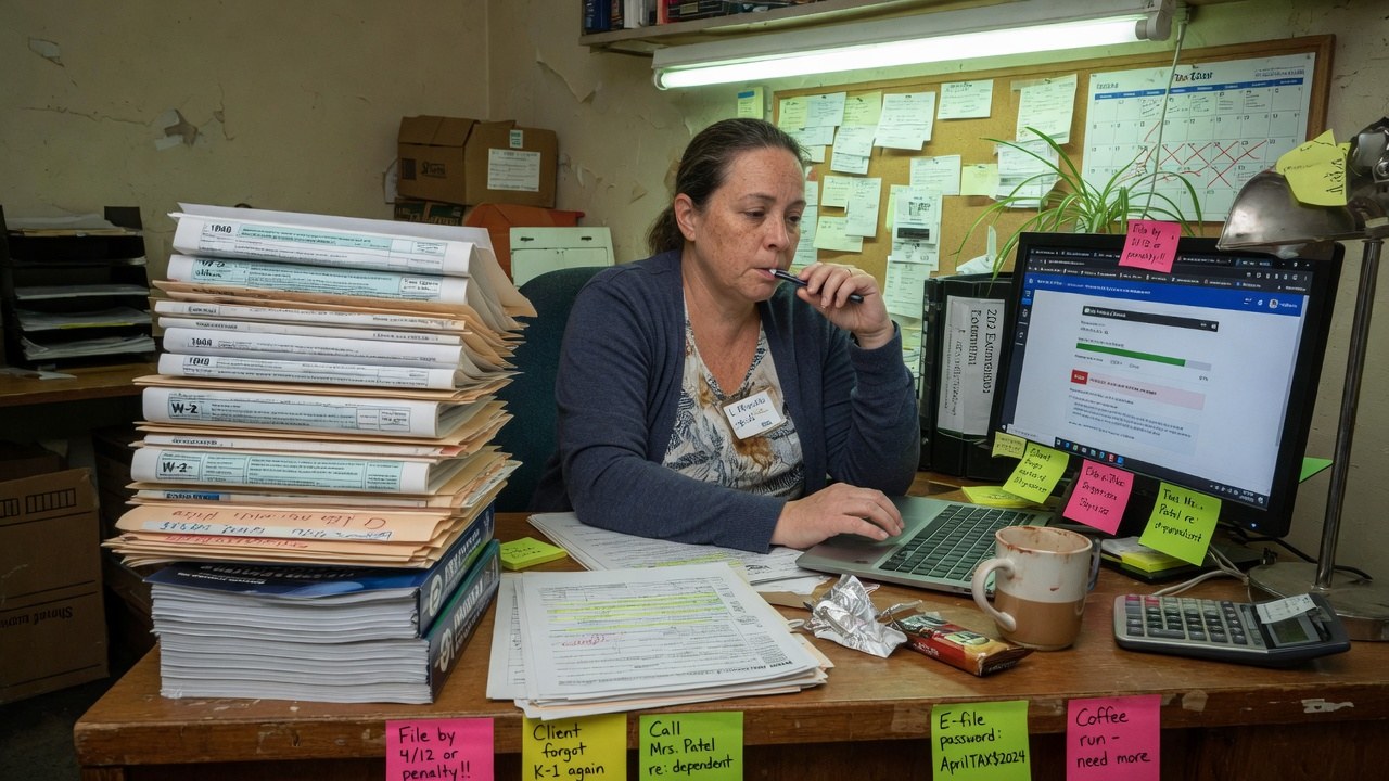 A tax preparer at a crowded desk beside a tall stack of labelled tax folders and deadline sticky notes.