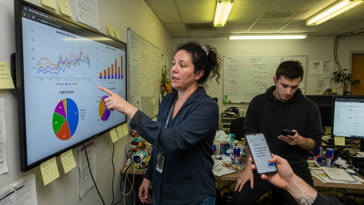 An analyst pointing at traffic charts on a wall-mounted dashboard while a teammate checks the numbers on a phone.